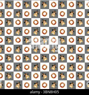 Motif d'Halloween à carreaux sans couture avec carrés alternés représentant des citrouilles, des fantômes et des éléments décoratifs festifs Banque D'Images