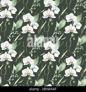 Fleurs blanches avec feuillage vert pastel aquarelle sans couture motif isolé sur sombre. Orchidée et bourgeons de lys lumineux répétition florale fond dessiné à la main Banque D'Images