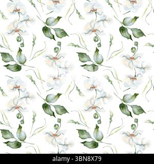 Motif floral sans couture couleurs pastel avec houx, fleurs d'orchidée et feuilles douces à l'aquarelle peinte à la main. Fleurs blanches motif répété pour Banque D'Images