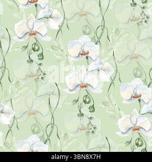 Branches vert clair, orchidées blanches, boutons de fleurs motif aquarelle sans couture isolé. Floral répétition toile de fond couleurs pastel peintes à la main pour mariage Banque D'Images