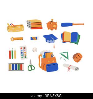 Articles essentiels de retour à l'école avec fournitures et thème de remise des diplômes pour la conception éducative. Illustration de Vecteur