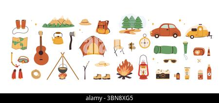 Ensemble d'équipement de camping. Illustration vectorielle plate de l'équipement de plein air pour la randonnée, le trekking, la randonnée, l'aventure en montagne et le camp forestier. Comprend tente, Illustration de Vecteur