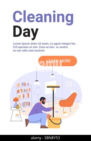 Homme nettoyant salon intérieur moderne maison étagère fauteuil aspirateur seau intérieur cosy scène domestique couleurs pastel bannière de site Web Illustration de Vecteur