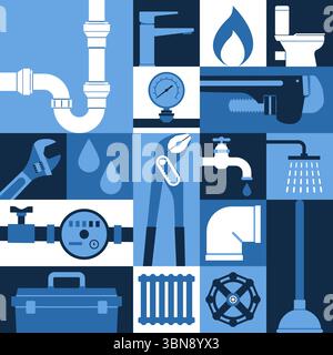Services professionnels de plomberie, entretien et réparation, fond géométrique avec outils et objets Illustration de Vecteur