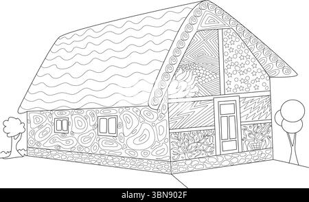 Cette illustration au trait noir et blanc représente une charmante maison fantaisiste conçue dans un style médiéval, mais ornée de pattes abstraites complexes Illustration de Vecteur
