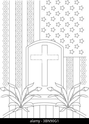 Une illustration poignante en noir et blanc pour le jour du souvenir, mettant en valeur une pierre tombale avec une croix claire, symbolisant le sacrifice et le souvenir. T Illustration de Vecteur