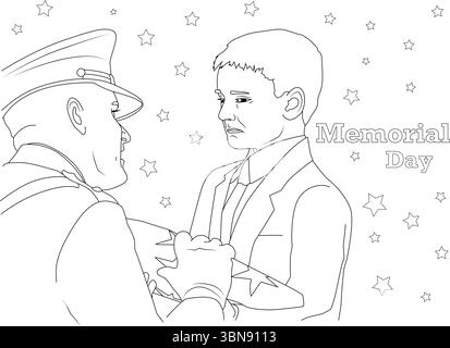 Une illustration poignante au trait noir et blanc représentant un moment solennel de commémoration pour le jour du souvenir. L'image montre un militaire en uniforme de Illustration de Vecteur