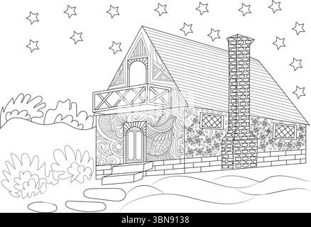 Cette illustration détaillée au trait noir et blanc représente une charmante maison de fantaisie de style médiéval, conçue comme une page à colorier. La maison comporte i. Illustration de Vecteur