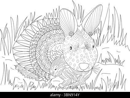 Une belle illustration d'art au trait noir et blanc mettant en vedette une mère lapin avec des motifs mandala complexes et son bébé lapin, assis paisiblement dedans Illustration de Vecteur