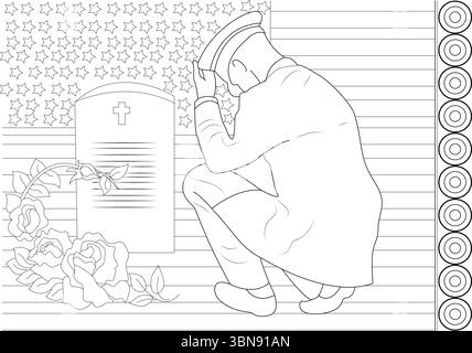 Une illustration poignante de dessin au trait pour le jour du souvenir, la Journée des anciens combattants ou d'autres occasions commémoratives. Le dessin en noir et blanc représente un soldat sombre Illustration de Vecteur