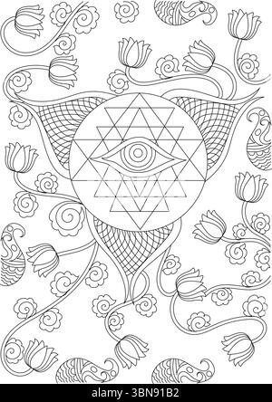 Illustration vectorielle en noir et blanc représentant un œil spirituel stylisé au centre d’un mandala géométrique, rappelant un Sri Yantra. Le design i Illustration de Vecteur