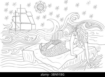 Une belle illustration dessinée à la main représentant une sirène reposant sur un éperon rocheux dans l'océan, avec un voilier classique qui passe devant Illustration de Vecteur