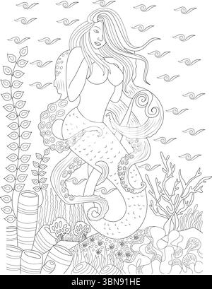 Illustration complexe représentant une sirène fantastique aux cheveux coulants et une queue unique représentant des tentacules de pieuvre, dans un dessous fantaisiste Illustration de Vecteur