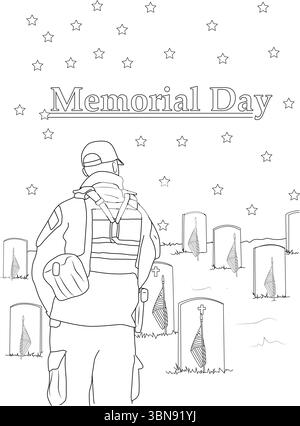 Cette illustration poignante au trait noir et blanc capture l'esprit solennel du Memorial Day. Il dispose d'un soldat solitaire debout dans une réflectio tranquille Illustration de Vecteur