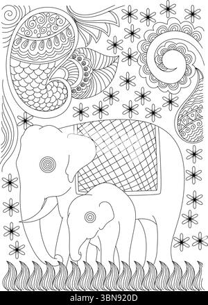 Une belle et complexe illustration de contour noir et blanc représentant une majestueuse mère éléphant aux côtés de son adorable bébé. Les éléphants sont Ren Illustration de Vecteur
