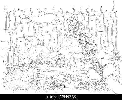 Une illustration d'art de ligne en noir et blanc complexe parfait pour un livre de coloriage, représentant une sirène majestueuse avec de longs cheveux fluides ornés d'une charcuterie Illustration de Vecteur