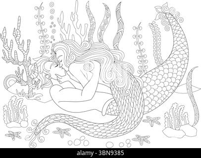 Une illustration d'art de ligne noir et blanc complexe parfait pour les livres de coloriage pour adultes, mettant en vedette une scène romantique d'une sirène et d'un merman embrassant un Illustration de Vecteur