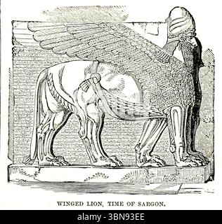 LION AILÉ, TEMPS DE SARGON bas relief du LIVRE III - Assyrie du volume 9, de l'histoire universelle de Ridpath : un compte rendu de l'origine, de la condition primitive et du développement ethnique des grandes races de l'humanité, et des principaux événements dans l'évolution et le progrès de la vie civilisée entre les hommes et les Nations, à partir de sources récentes et authentiques avec une enquête préliminaire sur le temps, le lieu et la manière du commencement par Ridpath, John Clark, 1840-1900 publié en 1897 Banque D'Images