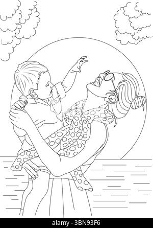 Cette charmante illustration au trait noir et blanc représente une mère tenant son enfant dans un cadre extérieur joyeux, peut-être au bord de l'eau ou dans un parc Illustration de Vecteur