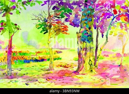 Aquarelle peinture paysage original jaune, couleur violet orange des fleurs de jardin en fond d'arbre vert Banque D'Images