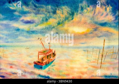 Aquarelle Seascape peinture originale colorée de la famille de bateau de pêche, style de vie et émotion au soleil, fond de nuages. Impressionniste peint i Banque D'Images