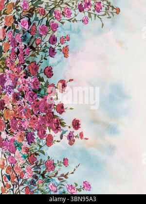 Aquarelle abstraite peinture de paysage originale imagination colorée de fleurs de roese et d'émotion en fond bleu pour mariage, Saint-Valentin, carte Banque D'Images