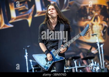 Oslo, Norvège. 28 juin 2025. Le groupe de metal américain Megadeth donne un concert lors du festival de musique norvégien tons of Rock 2025 à Oslo. Ici le guitariste Teemu Mantysaari est vu en direct sur scène. Banque D'Images