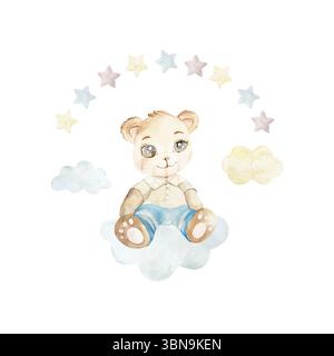 Ours en peluche assis sur un nuage et des étoiles. Illustration d'aquarelle dessinée à la main isolée sur blanc. Pour les cartes d'anniversaire, invitations de douche de bébé, fonds d'écran Banque D'Images