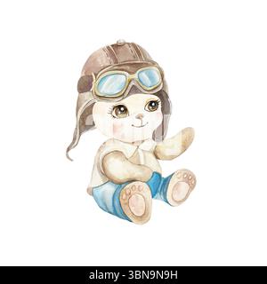 Ours en peluche assis dans un casque de pilote. Illustration d'aquarelle dessinée à la main isolée sur blanc. Pour les cartes d'anniversaire, invitations de douche de bébé, fonds d'écran a Banque D'Images