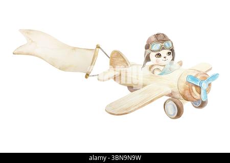 Avion jouet en bois avec bannière pour le texte et pilote d'ours en peluche. Illustration d'aquarelle dessinée à la main isolée. Pour les cartes d'anniversaire, invitati fête nouveau-né Banque D'Images