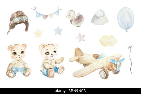 Ours en peluche, avion jouet, étoiles, nuages, ballon. Ensemble de décoration murale. Illustration d'aquarelle dessinée à la main isolée sur blanc. Cartes d'anniversaire, baby shower i Banque D'Images