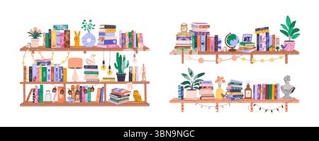 Ensemble d'étagères avec divers livres. Vecteur. Illustration de Vecteur