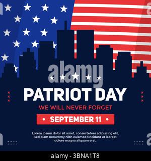 Modèle de salutation Patriot Day sur la silhouette d'une ville avec tour jumelle et drapeau américain derrière elle. La Journée du patriote est célébrée le 11 septembre Illustration de Vecteur