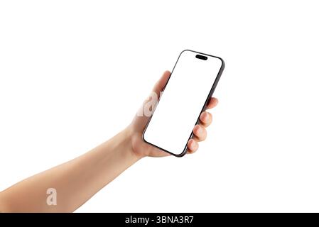 Smartphone isolé à la main avec écran vierge, adapté pour présenter des mises en page réactives, une marque technologique ou des concepts d'application mobile Banque D'Images