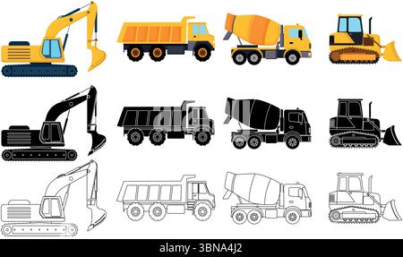 Véhicules de construction excavatrice, camion-benne, mélangeur de ciment, équipement de conception de bulldozer en couleur, remplissage noir et blanc avec des poids de course réglables Illustration de Vecteur