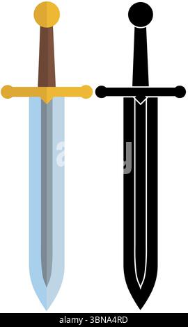 Élément de conception vectorielle plat d'épée de style médiéval, arme ancienne d'aventure en couleur et silhouette Illustration de Vecteur