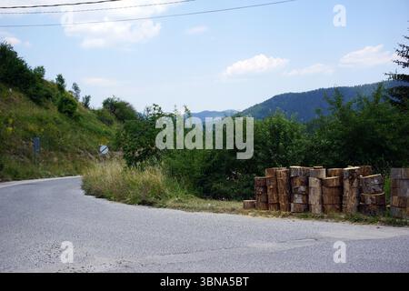Une route sinueuse qui courbe doucement vers la gauche, entourée de verdure luxuriante et d'un ciel bleu clair avec quelques nuages éparpillés. Sur le côté droit de la route, une pile de bûches empilées est visible, les bûches variant en taille et en couleur. La route est bordée par une zone herbeuse et des arbres, et un petit panneau de couleur foncée est visible sur le côté gauche de la route. Au loin, une chaîne s'étend à travers l'horizon, avec un mélange de végétation verte et brune. Un œil d'artiste et une légende façonnée de l'imagination., Bulgarie, Gela Banque D'Images