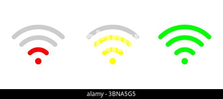Puissance du signal Wi-fi sur modèle blanc. Puissance maximale, moyenne et minimale du signal sans fil. Voyant vert, jaune, rouge. Signal haut, bas niveau Illustration de Vecteur
