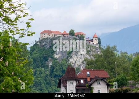 Le château de Bled, une forteresse historique avec ses toits rouges caractéristiques, se dresse bien en vue au sommet d'une falaise accidentée couverte d'arbres, dominant le paysage. Po Banque D'Images