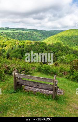 Une vue printanière depuis Webbers Post sur les vallées Horner Water et East Water et Horner Wood dans le parc national Exmoor, Somerset, Angleterre. Banque D'Images