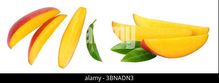 tranches de mangue isolées sur fond blanc avec pleine profondeur de champ. Vue de dessus. Pose à plat Banque D'Images