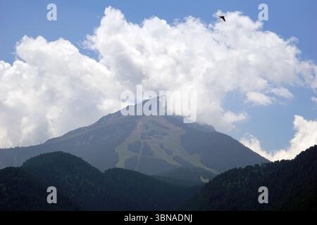 Bansko est une ville pittoresque dans le sud-ouest de la Bulgarie, nichée au pied des montagnes Pirin., Une chaîne de montagnes majestueuse sous un ciel bleu clair. La montagne, dont le sommet est partiellement obscurci par une couche de nuages, est couverte d'arbres verdoyants. Une remontée mécanique est visible sur la montagne, et un oiseau est capturé en plein vol, survolant la montagne. Les montagnes sont principalement couvertes d'arbres vert foncé, avec certaines zones montrant des notes de brun ou de bronzage. Le ciel est d'un bleu clair avec des nuages blancs dispersés. Un œil d'artiste et une imagination façonnée Banque D'Images