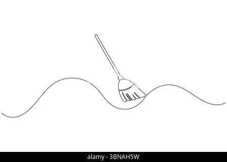 Dessin de ligne continu du vecteur de contour minimaliste d'équipement de nettoyage à domicile d'outil de nettoyage de balai Illustration de Vecteur