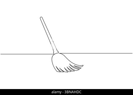 Dessin de ligne continu du vecteur de contour minimaliste d'équipement de nettoyage à domicile d'outil de nettoyage de balai Illustration de Vecteur
