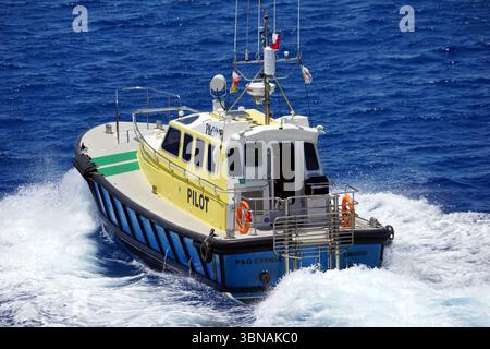 Limassol, Chypre, Un bateau bleu et blanc nommé « PILOTE » avec une cabine jaune et un mât blanc, naviguant sur un océan bleu profond. Le bateau a une bande verte sur son côté et un sauveteur rouge est visible sur le côté. Le bateau se déplace vers le côté droit de l'image, laissant une traînée de mousse blanche dans son sillage. Le nom 'P&O CYPRIA' est visible à l'arrière du bateau. Un œil d'artiste et une imagination façonnée Banque D'Images