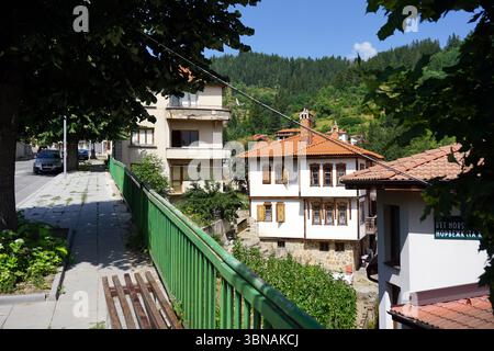 Une scène de rue sereine dans une petite ville. La rue est bordée de bâtiments, principalement dans les tons de blanc et beige, avec quelques toits de tuiles rouges. Une clôture en métal vert longe un côté de la rue, et un banc en bois est situé sur le trottoir. Quelques voitures sont garées le long de la rue, et un arbre aux feuilles vertes luxuriantes est visible d'un côté. La rue est bordée par une colline couverte d'arbres, et le ciel est d'un bleu clair. Les bâtiments semblent être dans un état de délabrement, certains montrant des signes d'âge et d'usure. Un panneau sur l'un des bâtiments indique le nom 'Det Nors Høppelkæk'. E d'un artiste Banque D'Images
