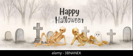 Happy Halloween squelettes se relaxant dans le cimetière – jolie illustration Spooky Banque D'Images
