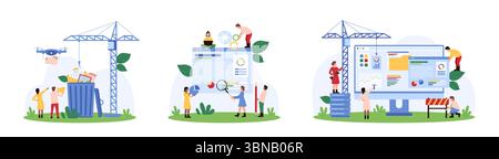 Développement de page Web, ensemble de gestion de contenu. Les petites personnes et la grue de construction créent l'interface de site Web, les options de contrôle à l'aide d'engrenages et de curseurs, télécharger des fichiers à l'illustration vectorielle de dessin animé de la corbeille Illustration de Vecteur