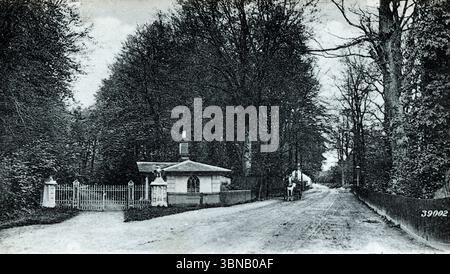 Une route bordée d'arbres mène à un petit bâtiment en briques avec une cheminée et une entrée fermée. Une calèche tirée par des chevaux se déplace vers le spectateur, sa silhouette encadrée par de grands ormes. La route n'est pas pavée et la scène est calme, rurale et ordonnée. L'image, numérotée 39082, capture un moment de l'ère édouardienne de Saxmundham, juste avant que l'ère du moteur ne transforme les villes anglaises. D'après une carte postale originale datée vers 1907 et publiée par J. Valentine and sons. Banque D'Images