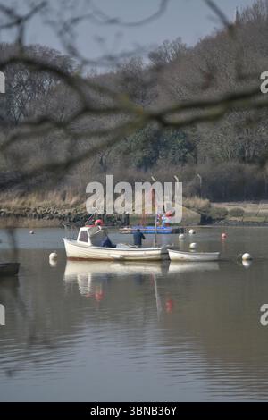 bateau de pêche avec petit garçon et homme à bord de la baie holbrook rivière stour suffolk angleterre Banque D'Images